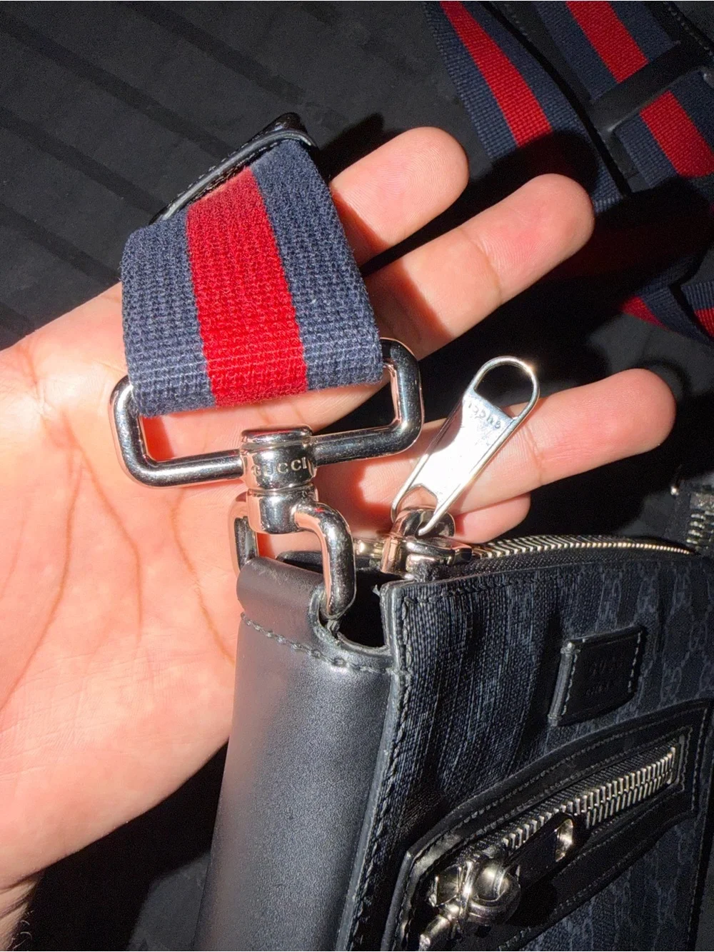 Gucci Black Leather with red and blue  Handbag with Interior Serial Tag